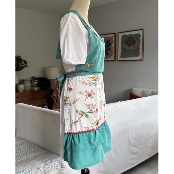 Lenox Apron‎ Birds Floral Turquoise Ruffle Ric Rac Retro Kitchen Cooking - Picture 6 of 12